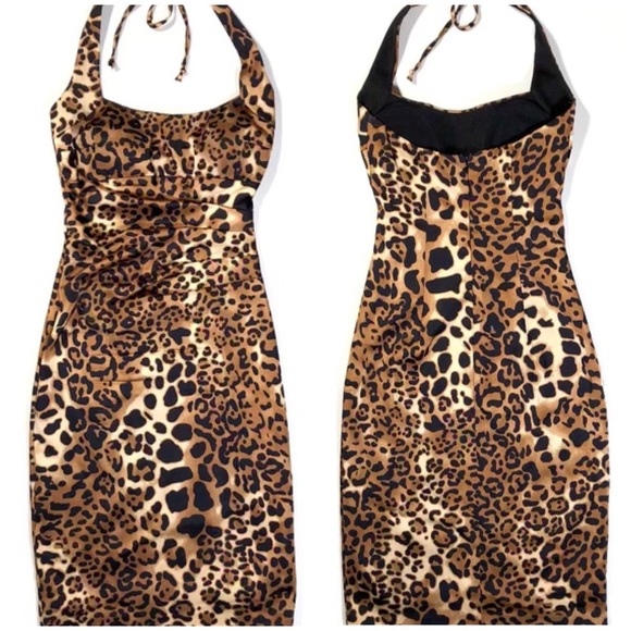 🐆 Caché, Vintage Wild Side Animal Print Satin Halter Dress - Picture 14 of 16
